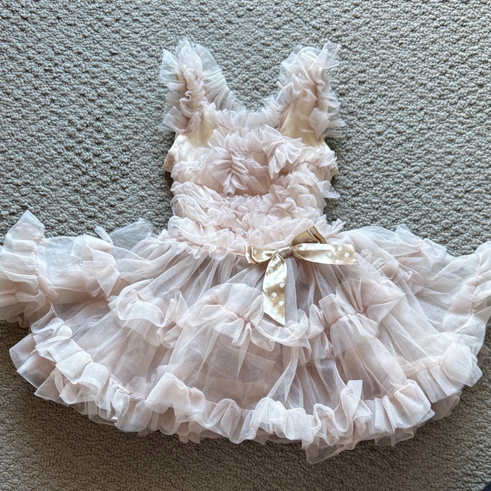 Popatu Blush Pink Layered Tulle Dress with Gold Polka Dot Bow